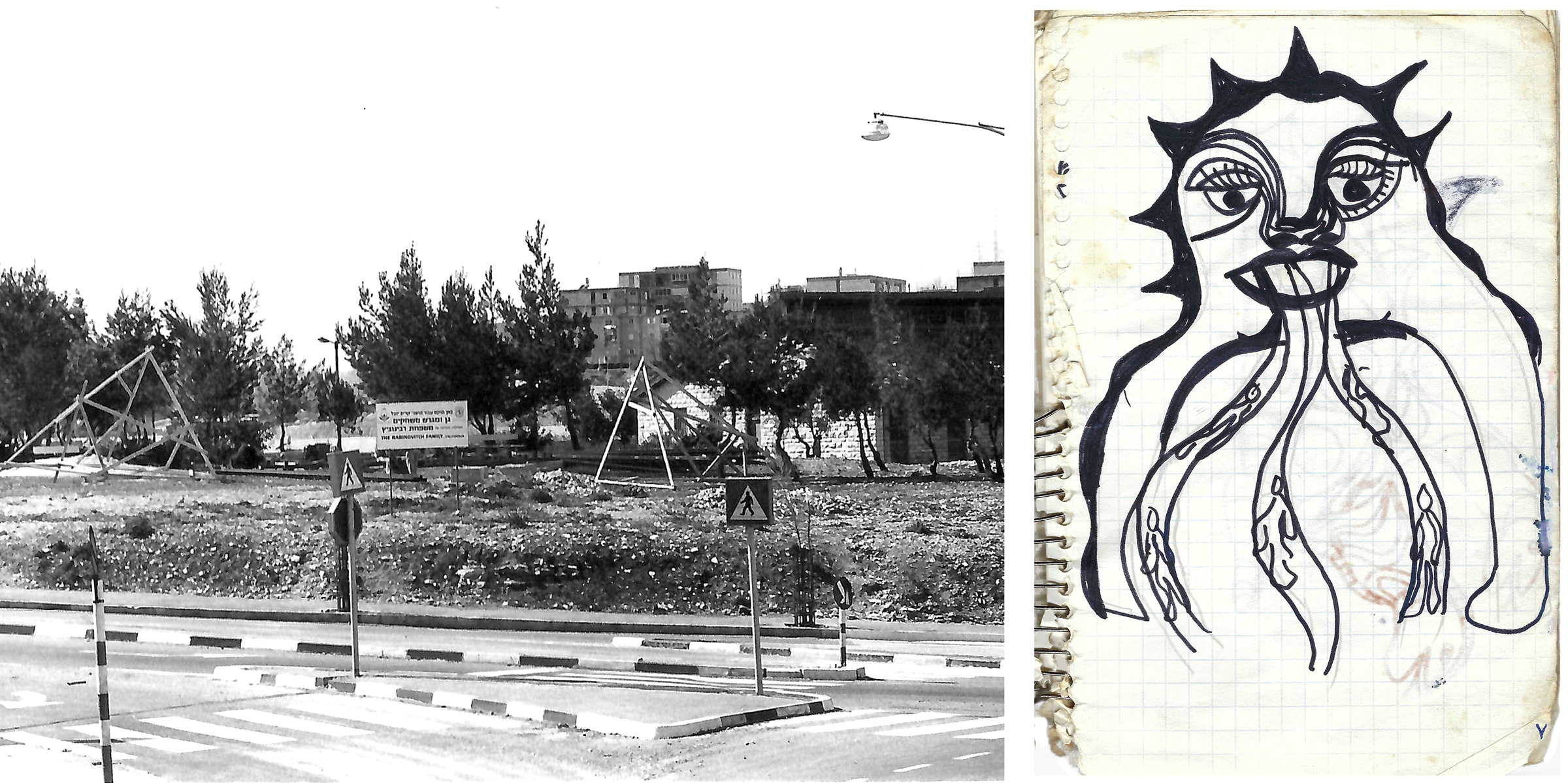 black and white image of the construction site  and to the left a marker drawing of the sculpture project, a monster with three slides on a spiral notebook paper