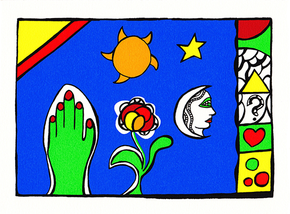 Carte de voeux with Flower, Sun, Star and Moon, 1987