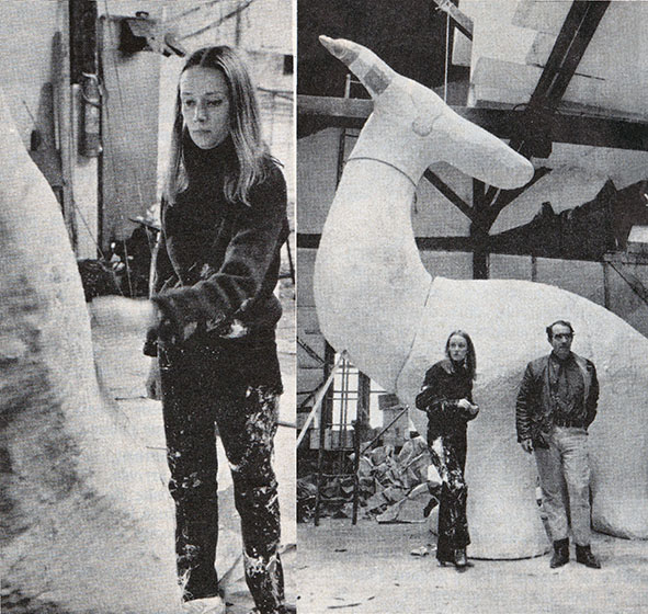 Niki de Saint Phalle and Jean Tinguely working on the Fantastic Paradise, in Les Buttes-Chaumont, Paris, Press Clip from L’EXPRESS 6-12 March 1967