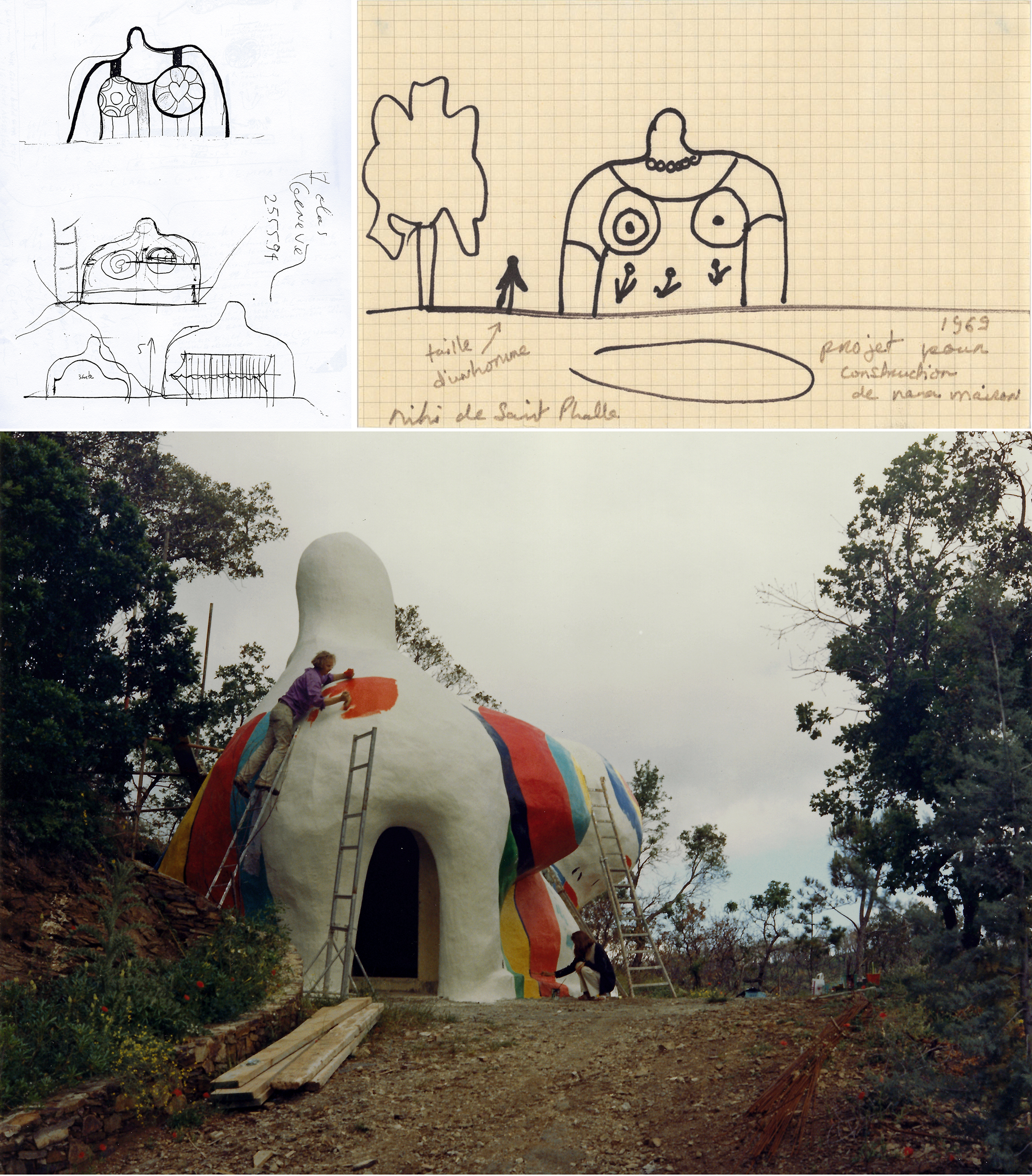 A pencil drawing by Niki de Saint Phalle and Jean Tinguely of the outside of Big Clarice in frontal view, as well as primitive structural lines inside and with a canopy. Next a black marker drawing on grid paper showing Big Clarice next to a figure and a tree. The notes in Niki de Saint Phalle's handwriting say: "taille d'un home" and "1969 project pour construction de nano maison"
Bottom pictures shows Rainer von Hessen on a ladder painting orange patches on Big Clarice. Niki de Saint Phalle paints the front kneeling down.