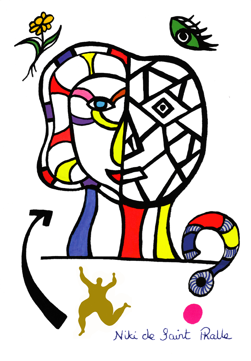 A colorful drawing of the sculpture titled "Coming Together" with a flower, and eye, an arrow, a dancing Nana and a question mark surrounding it. The signature of the artist is below the design. This is the invitation to the dedication ceremony of the public sculpture.