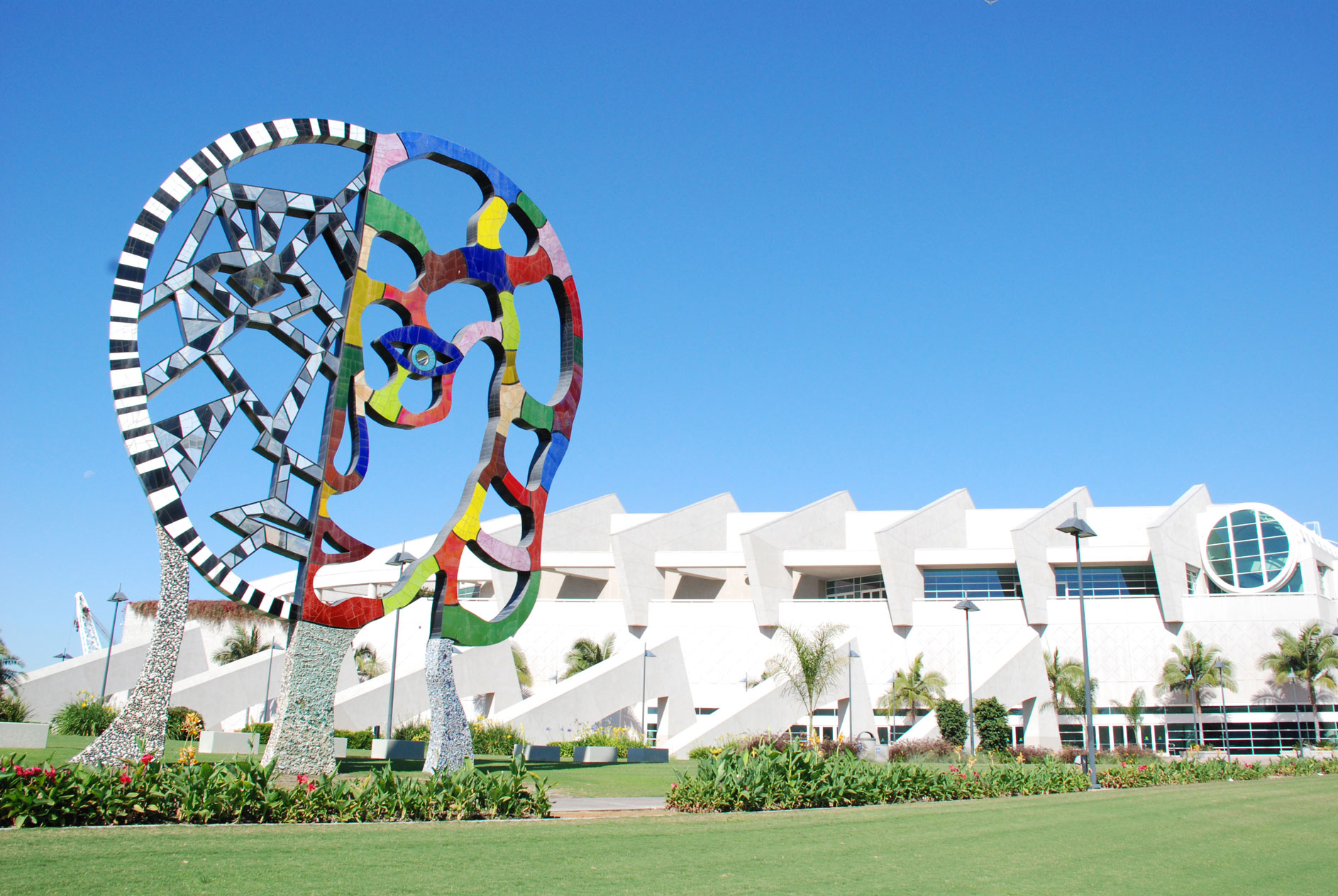 The large colorful sculpture titles "Coming Together" stands on the South end of the Convention Center in San Diego, California.
