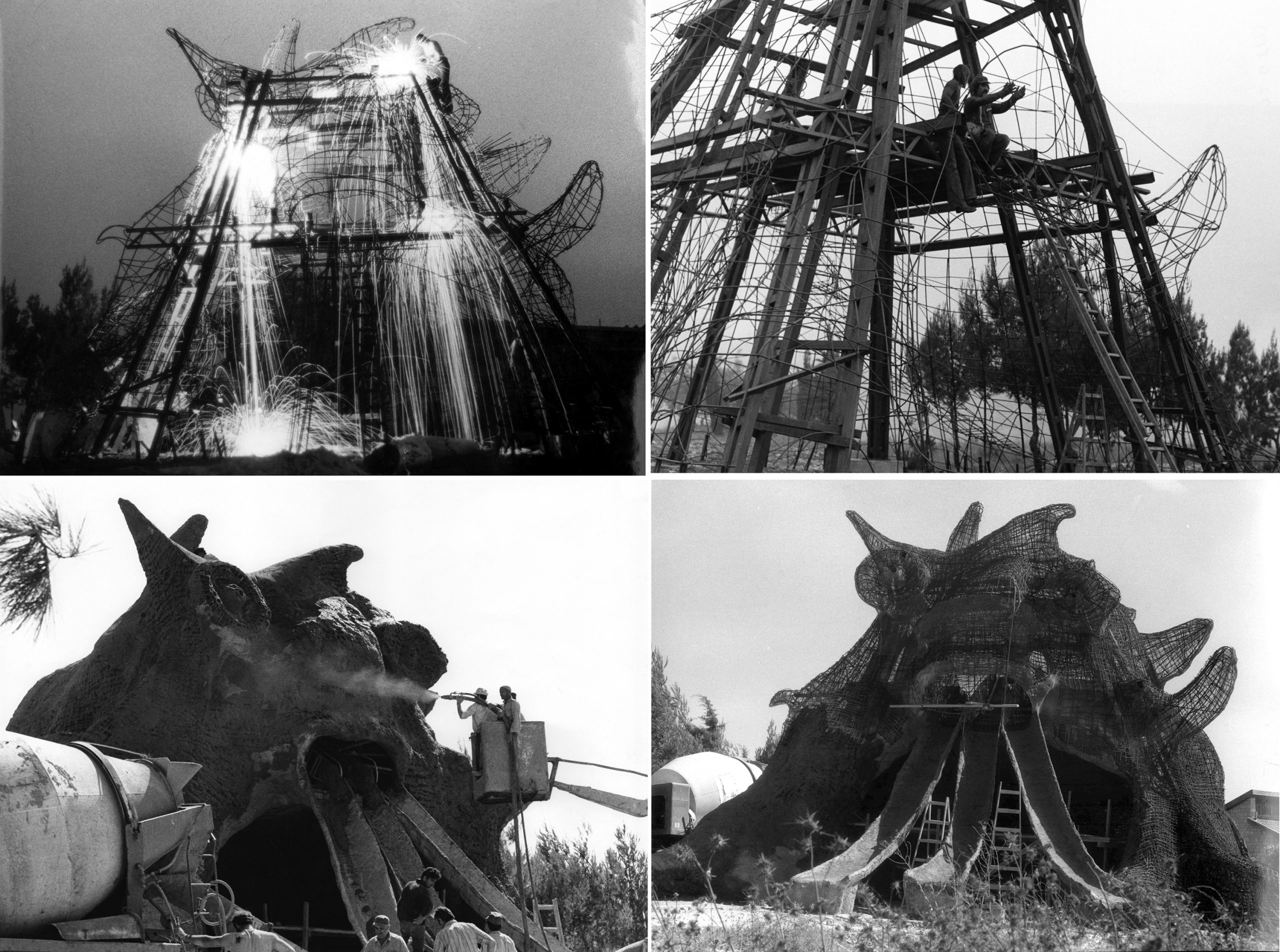 four photos of construction progress of the sculpture