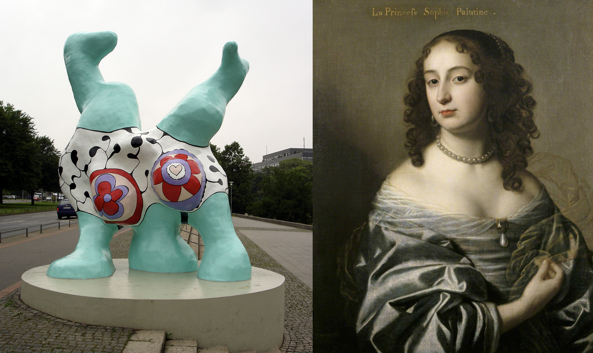 on the left an image of green uside down Nana sculpture Sophie; on the right a painted portrait of princess Sophie of Hannover