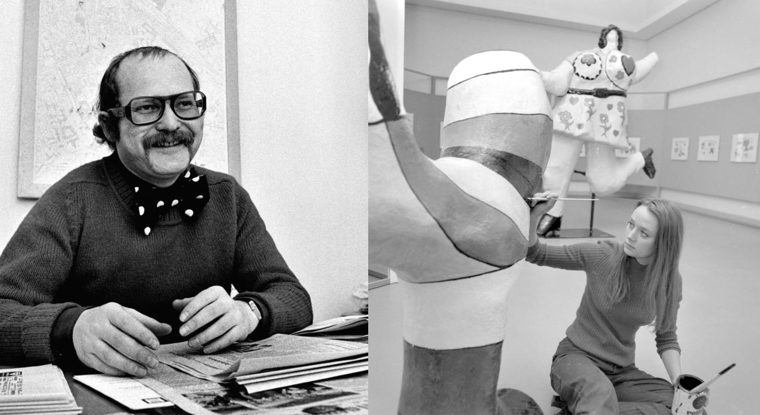 on the left a photo of Michael Gehrke in the early 70's with bowtie and horned glasses; on the right an image of Niki de Saint Phalle sitting on the ground painting one of her sculptures for the Hannover exhibition 1969