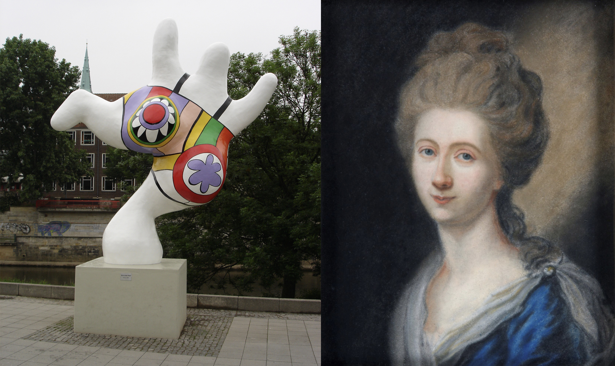 on the left an image of a large dancing white Nana in a bathing suit; on the right a painted portrait of Charlotte Kestner