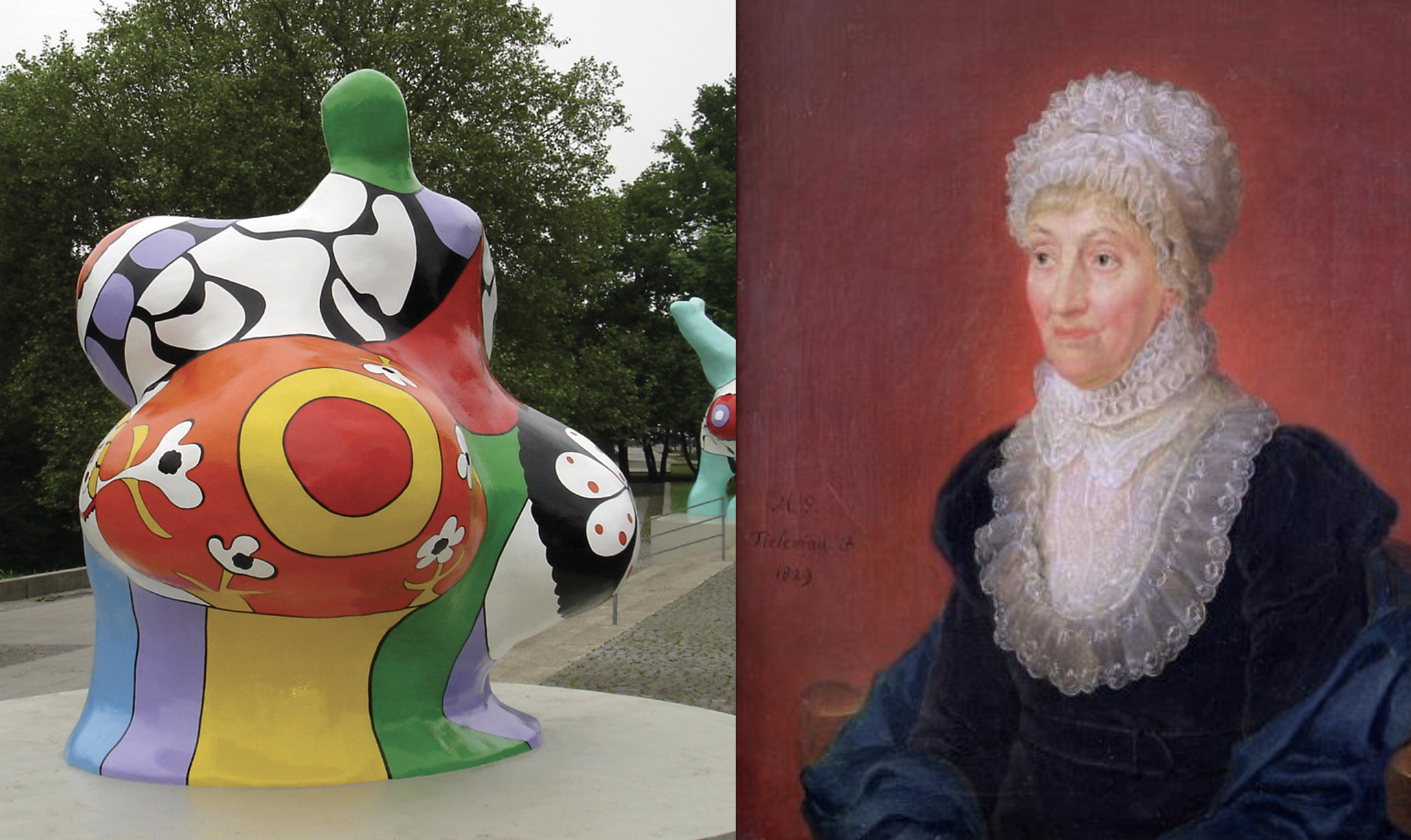 on the left an image of a voluptuous and colorful Nana sculpture; on the right a painted portrait of Caroline Hershel